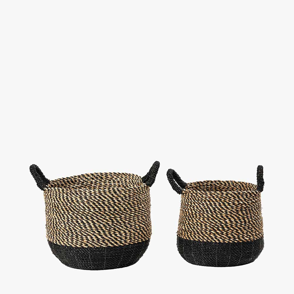 Set of 2 Seagrass Natural & Black Round Handled Baskets